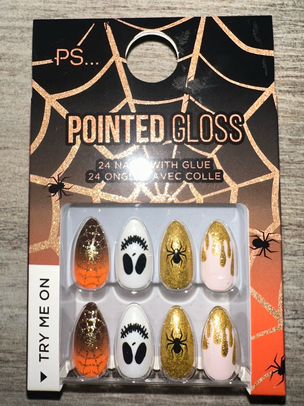 Pointed Gloss Halloween Press-On Nails in Orange, White, Gold, Pink 👻🎃